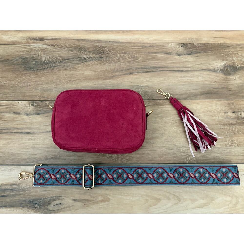 ah.dorned Berry Vega Suede Crossbody Bag with Detachable Strap and Tassel - Picture 8 of 8